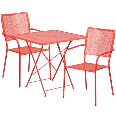 Flash Furniture CO-28SQF-02CHR2-RED-GG 28" Square Folding Patio Table & 2 Square Back Arm Chair Set - Steel, Coral
