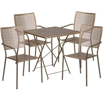 Flash Furniture CO-28SQF-02CHR4-GD-GG 28" Square Folding Patio Table & 4 Square Back Arm Chair Set - Steel, Gold