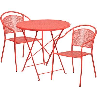 Flash Furniture CO-30RDF-03CHR2-RED-GG 30" Round Folding Patio Table & 2 Round Back Arm Chair Set - Steel, Coral