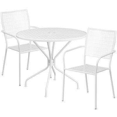 Flash Furniture CO-35RD-02CHR2-WH-GG 35 1/4" Round Patio Table & 2 Square Back Arm Chair Set - Steel, White