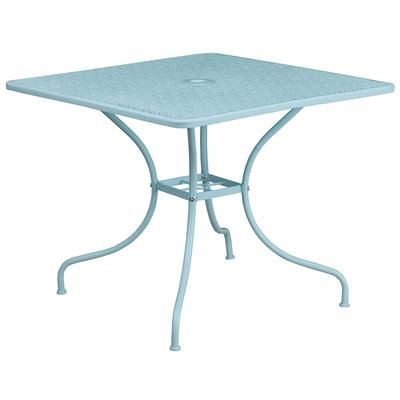 Flash Furniture CO-6-SKY-GG 35 1/2" Square Patio Table w/ Rain Flower Design Top & Umbrella Hole - Steel, Sky Blue
