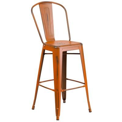 Flash Furniture ET-3534-30-OR-GG Commercial Bar Stool w/ Curved Back & Metal Seat, Distressed Orange