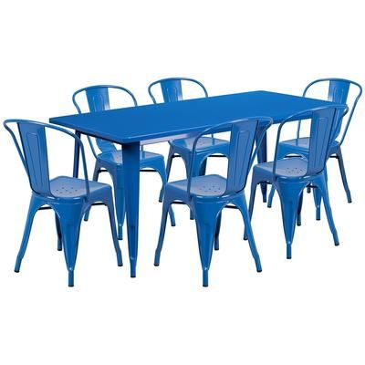 Flash Furniture ET-CT005-6-30-BL-GG Rectangular Table & 6 Chair Set - 63"W x 31 1/2"D x 29 1/2"H, Steel, Blue