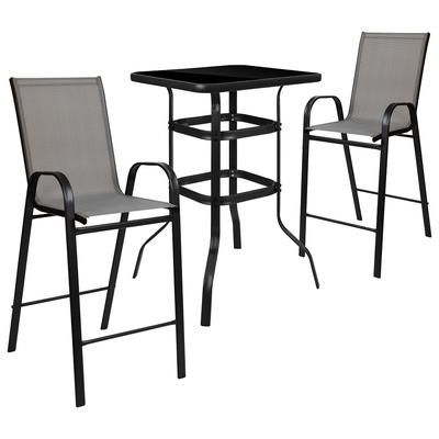 Flash Furniture TLH-073H092H-GR-GG 27 1/2" Square Patio Bar Table & 2 Gray Stool Set - Glass Top, Black Steel Base