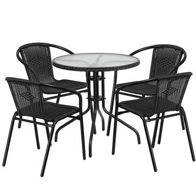 Flash Furniture TLH-087RD-037BK4-GG 28" Round Patio Table & 4 Black Rattan Arm Chair Set - Glass Top, Black Metal Base