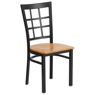 Flash Furniture XU-DG6Q3BWIN-NATW-GG Restaurant Chair w/ Window Pane Back & Natural Wood Seat - Steel Frame, Black
