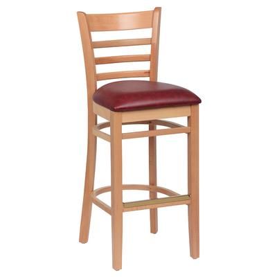 Royal Industries ROY 8002 N CRM Commercial Bar Stool w/ Ladder Back & Crimson Vinyl Seat, Natural Wood