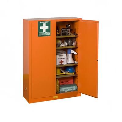 Justrite 860001 Emergency Preparedness Storage Cabinet w/ (4) Shelves - 43"W x 18"D x 65"H, Steel, Orange, 4 Adjustable Shelves