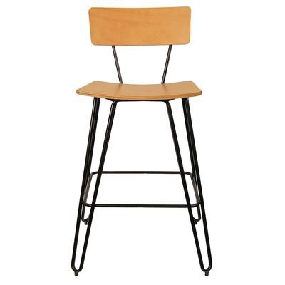 H&D Commercial Seating 6273B Bar Stool w/ Solid Back & Natural Wood Veneer Seat, Black Metal