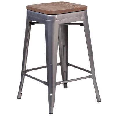 Flash Furniture XU-DG-TP0004-24-WD-GG Backless Commercial Bar Stool w/ Wood Seat, Silver