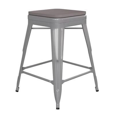 Flash Furniture CH-31320-24-SIL-PL2G-GG Counter Height Backless Stool w/ Wood Seat - Steel, Silver, Distressed Silver Gray
