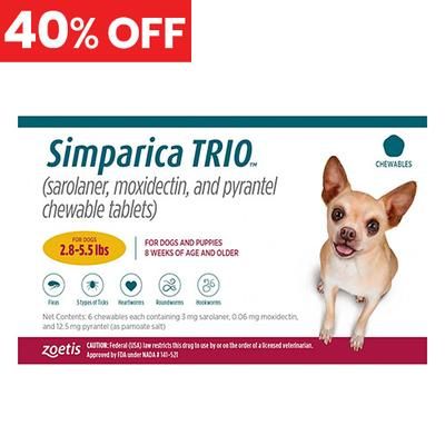40% Off Simparica Trio For Dogs 2.8-5.5 Lbs (Gold) 3 Chews