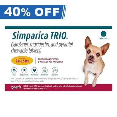 Simparica Trio For Dogs 2.8-5.5 Lbs (Gold) 6 Doses - 40% Off Today