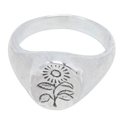 Icon of Summer,'Polished Sterling Silver Signet Ring with Sunflower Symbol'