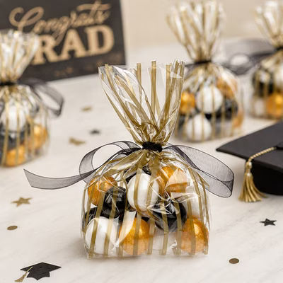 Small Clear and Gold Striped Gusset Bags - Great for Dinner Party Place Setting Gift Bags Bag Size: 3 1/2" x 2" x 7 1/2" 100 Bags