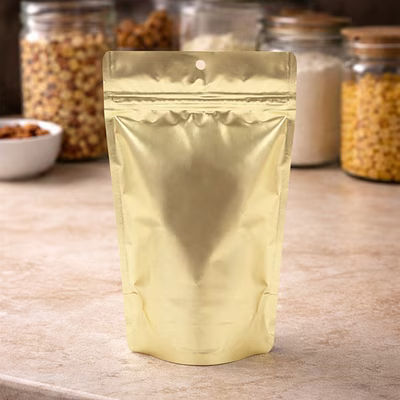 Medium Smell Proof Gusset Pouch Bags Matte Gold High Barrier - Holds 4 Ounces Size: 5 1/8" x 3 1/8" x 8 1/8" 100 Bags Pouches