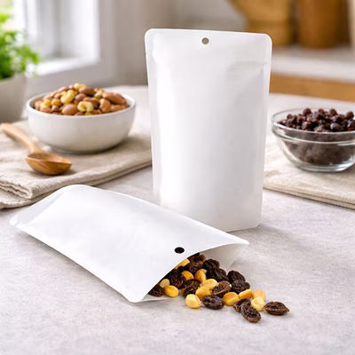 White Kraft Eco Stand Up Pouch without Zipper 5 1/8" x 3 1/8" x 8 1/8" 100 pack