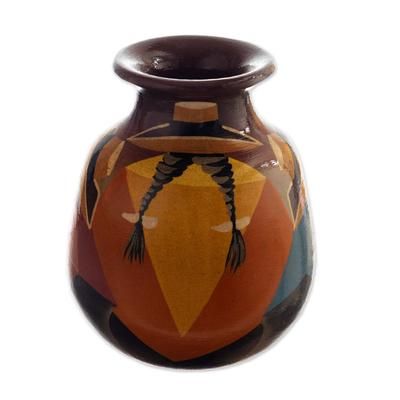 'Colorful Hand-Painted Andean-Themed Ceramic Decorative Vase'