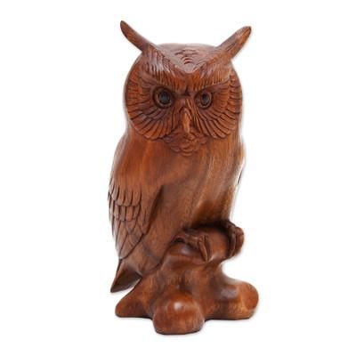Wood statuette, 'Crested Owl' - Fair Trade Wood Bird Sculpture