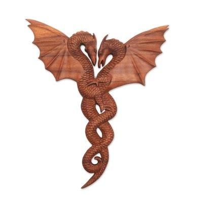 Dragon Couple,'Dragon-Themed Suar Wood Relief Panel from Bali'