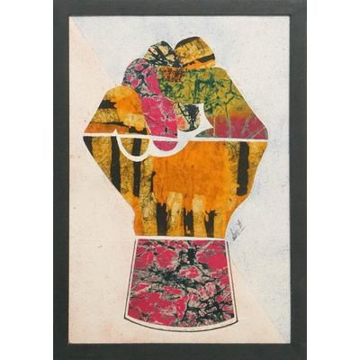 The Power Belongs to You,'Batik Fabric Collage Framed Wall Art in Yellow and Pink'