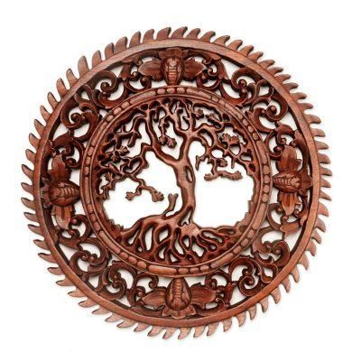 Tree of Serenity,'Hand Carved Tree Motif Wall Relief Panel from Bali'