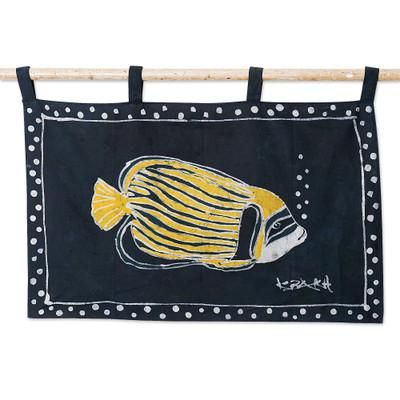 Night Bubbles,'Handcrafted Cotton Wall Hanging of Fish in Black and Yellow'