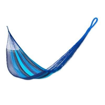 Afternoon Breeze,'Hand Crafted Blue Striped Nylon Rope Single Hammock'