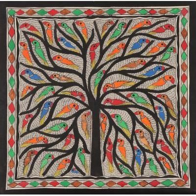 Cheerful Chirps,'Madhubani Bird Painting on Handmade Paper'