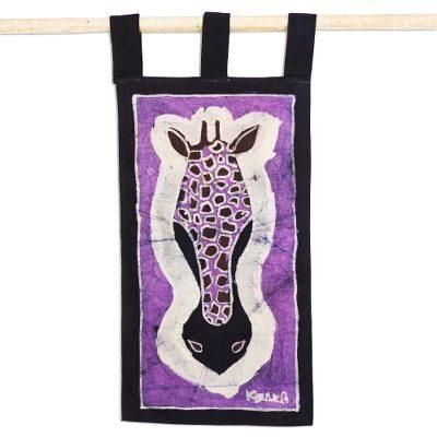 Giraffe II,'Signed Batik Cotton Giraffe Wall Hanging in Purple'