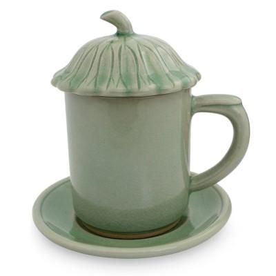 Celadon ceramic covered cup and saucer, 'Green Lotus Leaf'