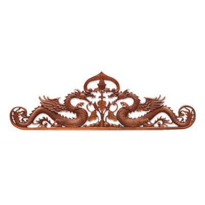 'Guardian Dragons' - Hand Carved Relief Wall Sculpture