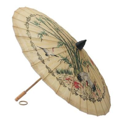 Saa paper parasol, 'Crane Morning' - Paper And Bamboo Parasol