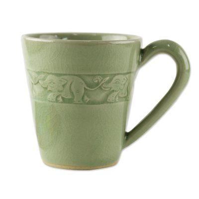 Elephant Babies,'Hand Crafted Celadon Ceramic Elephant Mug from Thailand'