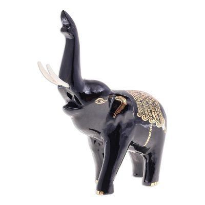 Treasured Trumpeter,'Thai Elephant Sculpture with Gold Foil Accents'