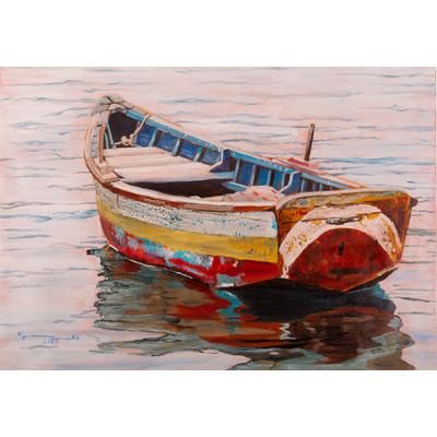 Boat at Sunset II,'Unstretched Impressionist Oil Painting of Boat and Sea'
