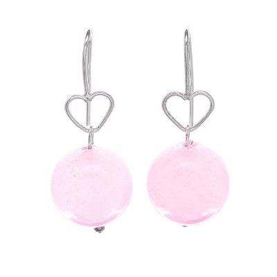 Ethereal Orbs in Pink,'Sterling Silver and Rose Quartz Bead Heart Dangle Earrings'