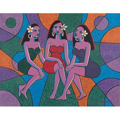 Trio of Balinese Women,'Signed Unstretched Cubist Acrylic Painting in Vibrant Colors'