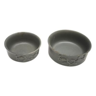 Clouds over Tabanan,'Set of 2 Grey Floral Ceramic Bowls Handcrafted in Bali'
