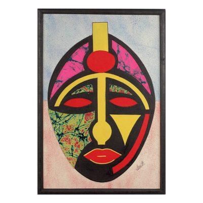 Supreme Being,'Ghanaian Batik Oil on Cotton Collage African Mask on Cotton'