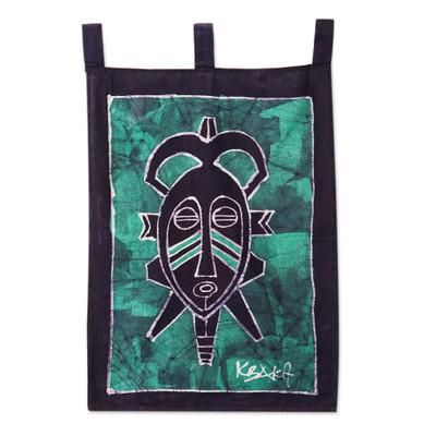 Green Meditations,'Handcrafted Green Cotton Wall Hanging of African Mask'