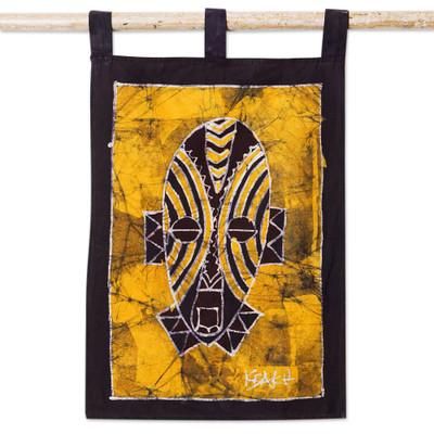 'Hand-Painted Yellow Cotton Wall Hanging of African Mask'