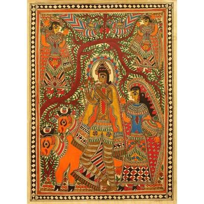 Madhubani painting, 'Krishna with His Cattle'