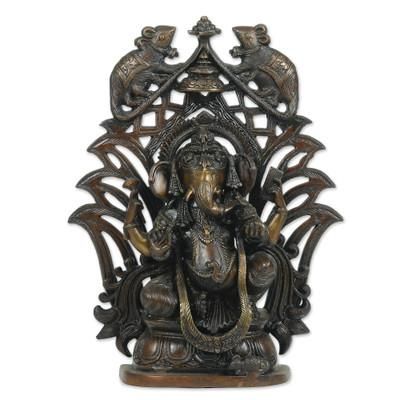 Glorious Ganesha,'Antiqued Finished Brass Sculpture of a Ganesha and Mice'