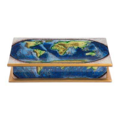 'Map of the World Reverse-Painted Glass Wood Decorative Box'