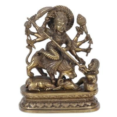 Durga's Protection,'Traditional Brass Sculpture of Durga with Antique Finish'