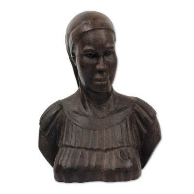 Bust of a Woman,'Signed Ebony Wood Bust Sculpture of a Woman from Ghana'