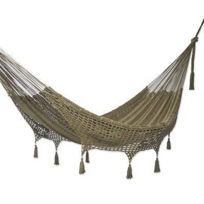 Veranda in Olive Green,'Crocheted Fringe Olive Green Cotton Hammock (Double)'