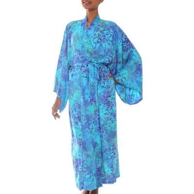 Misty Garden,'Women's Blue and Green Hand Crafted Batik Rayon Robe'