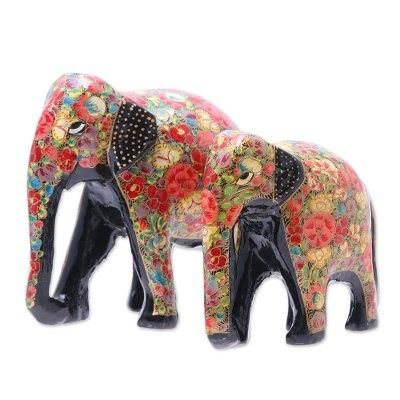 'Hand-Painted Floral Papier Mache Elephant Sculptures (Pair)'